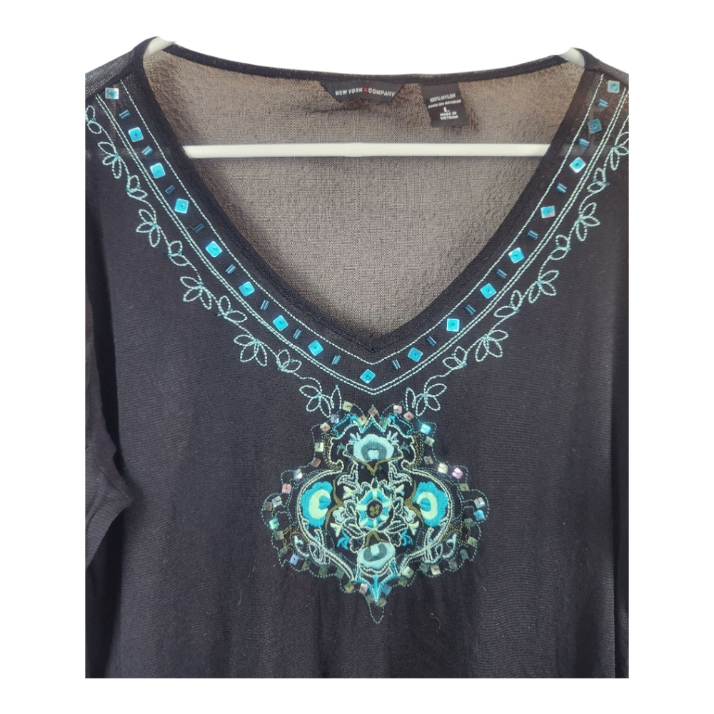 Y2K Vtg Sheer Embellished Top Large Whimsygoth Long Sleeve Embroidered Layer - Picture 2 of 9